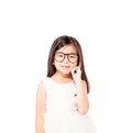 Portrait of cute thoughtful asian child girl wear glasses eyes isolated on white background . Imagine, idea ,fun ,dreaming , Royalty Free Stock Photo