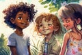 Portrait of cute three little girls in the garden. Watercolor painting Royalty Free Stock Photo