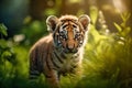 Portrait of a Cute Tiger Cub in a Forest on a Beautiful Day Royalty Free Stock Photo