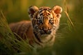 Portrait of a Cute Tiger Cub in a Forest on a Beautiful Day Royalty Free Stock Photo