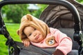 Portrait of a cute toddler girl in a stroller in the park Royalty Free Stock Photo