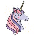 Portrait of cute unicorn. Purple fantasy animal with horn. Side view. Colorful vector illustration in cartoon style.