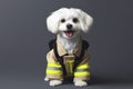 Portrait of cute white small dog smiling dressed as a professional firefighter. ai generative