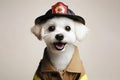 Portrait of cute white small dog smiling dressed as a professional firefighter. ai generative