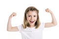 Portrait of a cute 7 years old girl Isolated over white background show her strength