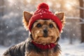 portrait of a cute yorkie dog in a red winter hat. ai generative