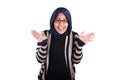 Portrait of cute young Asian muslim lady wearing hijab shows surprised or shocked expression with big eyes and open mouth Royalty Free Stock Photo