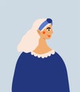 Portrait cute young blonde woman in blue dress and headband. Vector illustration in cartoon style. Royalty Free Stock Photo