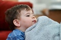 portrait of a cute young boy and his safety blanket Royalty Free Stock Photo