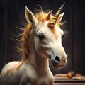 portrait of cutest adorable Unicorn baby with golden horn and mane posing against dark domestic background. Digital artwork. Ai