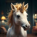 portrait of cutest adorable Unicorn baby with golden horn and mane posing against domestic background. Digital artwork. Ai