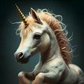 portrait of cutest adorable Unicorn baby with golden horn running against cyan background. Digital artwork. Ai generated