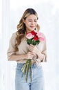 Portrait cutout studio shot of Asian beautiful female florist designer flower shop owner entrepreneur in casual outfit
