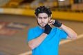 portrait cyclist putting helmet