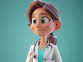 Portrait of 3d female doctor. Isomeric character. Woman in white coat with a stethoscope. Health care