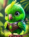 portrait of 3D render bright green baby parrot, adorable big eyes, big head in a garden , lush greenery, whims, Wear a war suit,