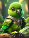 portrait of 3D render bright green baby parrot, adorable big eyes, big head in a garden , lush greenery, whims, Wear a war suit,