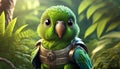 portrait of 3D render bright green baby parrot, adorable big eyes, big head in a garden , lush greenery, whims, Wear a war suit,