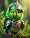 portrait of 3D render bright green baby parrot, adorable big eyes, big head in a garden , lush greenery, whims, Wear a war suit,