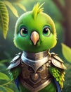 portrait of 3D render bright green baby parrot, adorable big eyes, big head in a garden , lush greenery, whims, Wear a war suit,