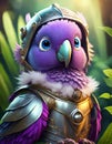 bright purple baby parrot, adorable big eyes, in Knight armor and helmet. AI Generative