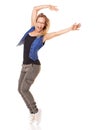 Portrait, dance and mockup with a woman excited in studio on a white background to promote advertising space. Marketing
