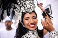 Portrait, dance and woman at carnival with costume for celebration, music and happy band performance in Brazil. Culture