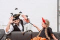 portrait of daughter and father in halloween costumes playing Royalty Free Stock Photo