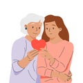 Portrait of a daughter hugging her old mother from shoulder. Illustrated in flat design on pink Royalty Free Stock Photo