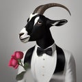 A portrait of a debonair goat in a tuxedo and bowtie, holding a rose1