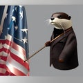 A portrait of a debonair otter in a sleek suit, holding a walking cane1