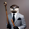 A portrait of a debonair otter in a sleek suit, holding a walking cane3