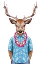 Portrait of Deer in summer shirt with Hawaiian Lei.