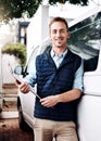 Portrait, delivery and a courier man with his van, holding a clipboard for an order or address. Logistics, ecommerce and Royalty Free Stock Photo