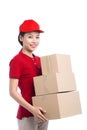 Portrait of delivery woman service happily delivering package to Royalty Free Stock Photo