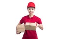 Portrait of delivery woman service happily delivering package to Royalty Free Stock Photo