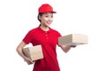 Portrait of delivery woman service happily delivering package to Royalty Free Stock Photo