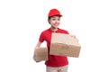 Portrait of delivery woman service happily delivering package to Royalty Free Stock Photo