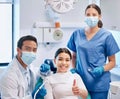 Portrait of dentist, thumbs up and patient in consultation for teeth whitening, service and dental care. Orthodontist