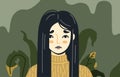 Portrait of depressed person with withering plants on the background. Concept of apathy, depression, fatigue and