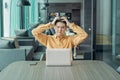 Portrait of depressed young business Asian, Chinese man person thinking about problems and suffering from depression with laptop Royalty Free Stock Photo