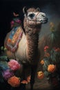 Portrait of a desert camel among roses, cacti and plants