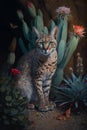 Portrait of a desert Egyptian lynx cat among roses, cacti, and plants