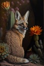 Portrait of a desert fox among roses, cacti and plants