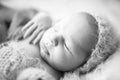 Portrait detail newborn sleeping baby on gray furry rabbit blanket with knitted woolen cap and with knitted wooll toy. Black and w Royalty Free Stock Photo