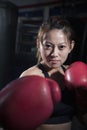 Portrait of determined female boxer in fighting stance looking at camera Royalty Free Stock Photo