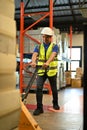 Determined Asian male warehouse worker pulling the pallet truck, working in warehouse