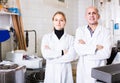 Portrait of different aged man and woman working in modern food factory Royalty Free Stock Photo