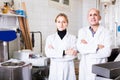 Portrait of different aged man and woman working in modern food factory Royalty Free Stock Photo