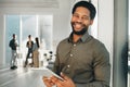 Portrait, digital tablet and black man in office happy, smile and empowered, ambition and mindset. Face and business man